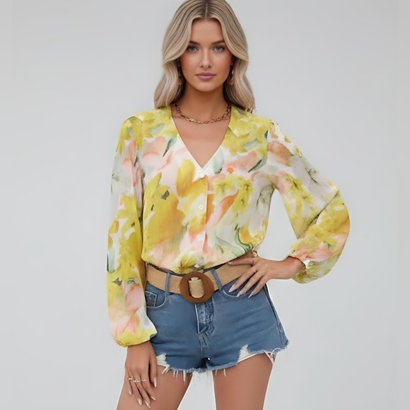 Gold Shimmer Floral Chiffon Blouse - Picture 1 of 9